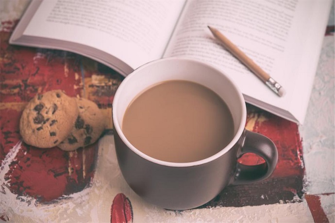 English teacher. Book, mug of tea and cookies