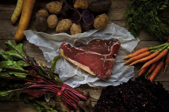 Allotment ideas. Vegetables and meat on a table