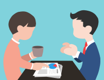 Interview tips. Two people talking in an interview